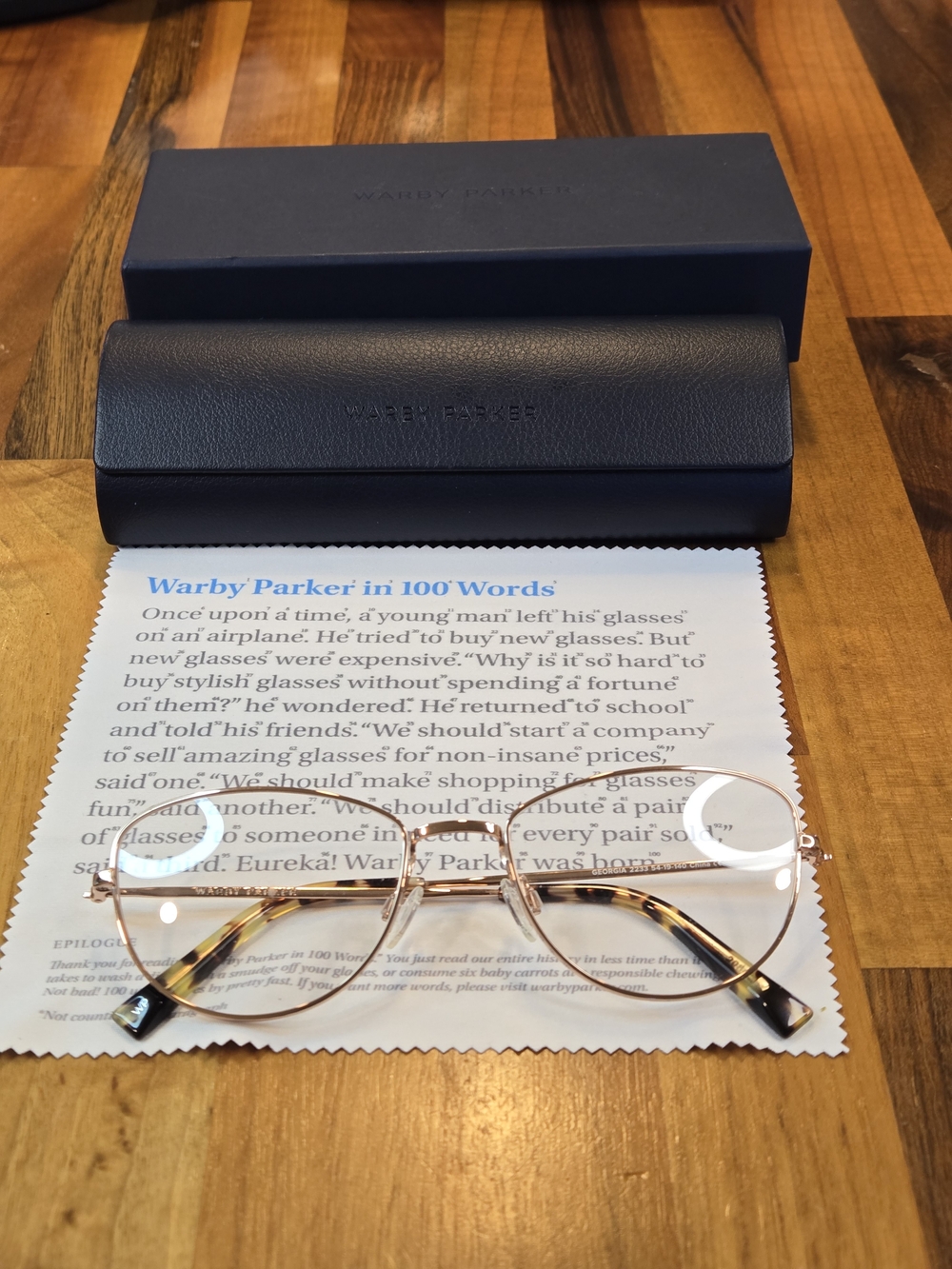 Warby Parker "Georgia" Rose Gold Eyeglasses + Full Kit